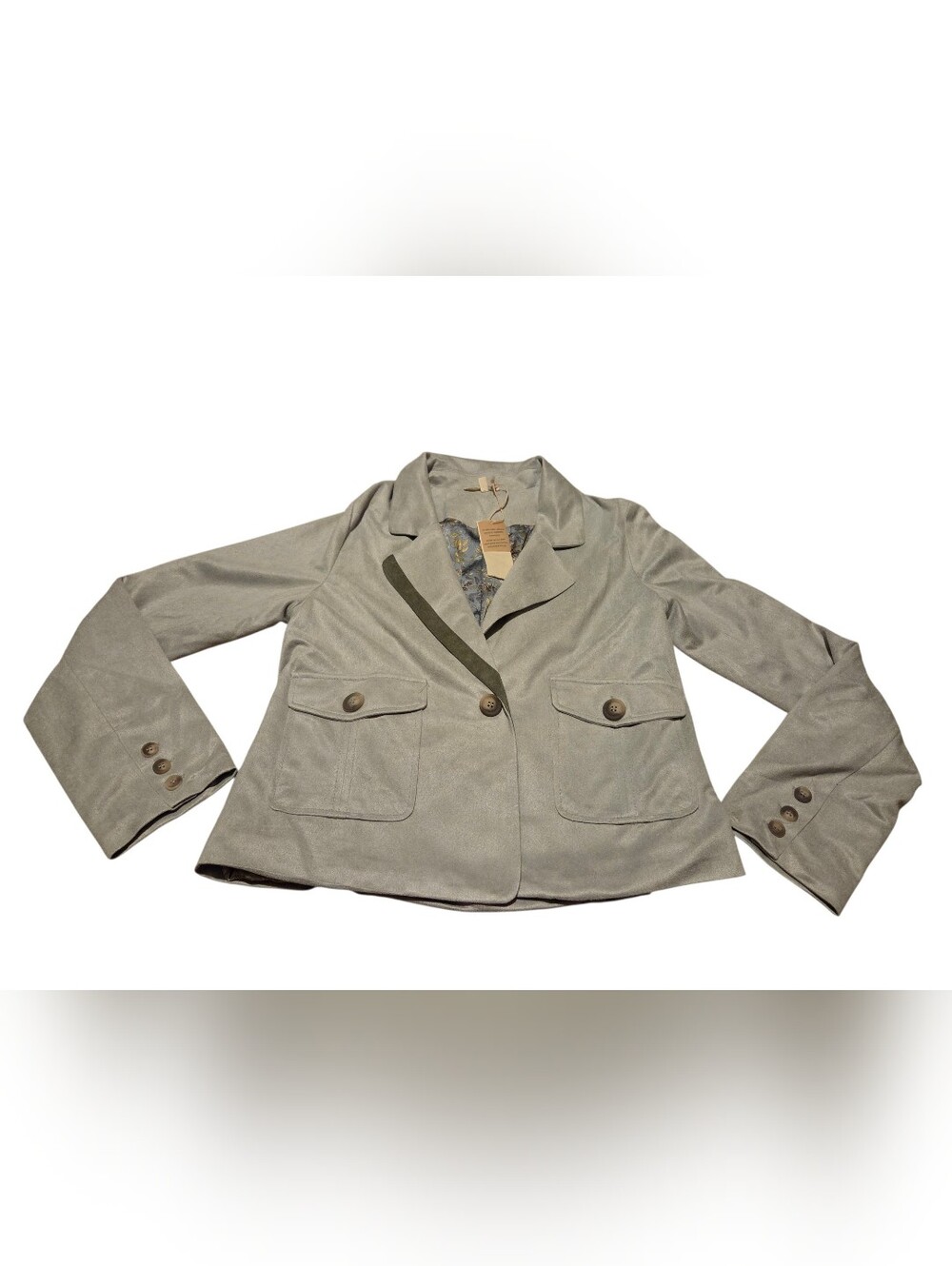 Women’s Small Mystree Faux Suede Utility Blazer Jacket Sage Olive Gray